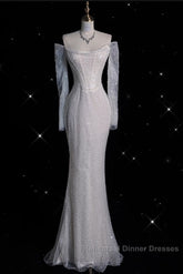 Sexy Mermaid Off The Shoulder White Sequin Long Sleeves Wedding Dresses Brides Dress